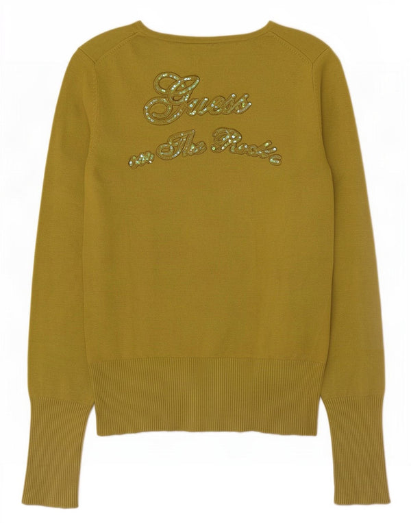 Guess Dame grafisk V-hals sweater UK 16 Medium Green Viscose