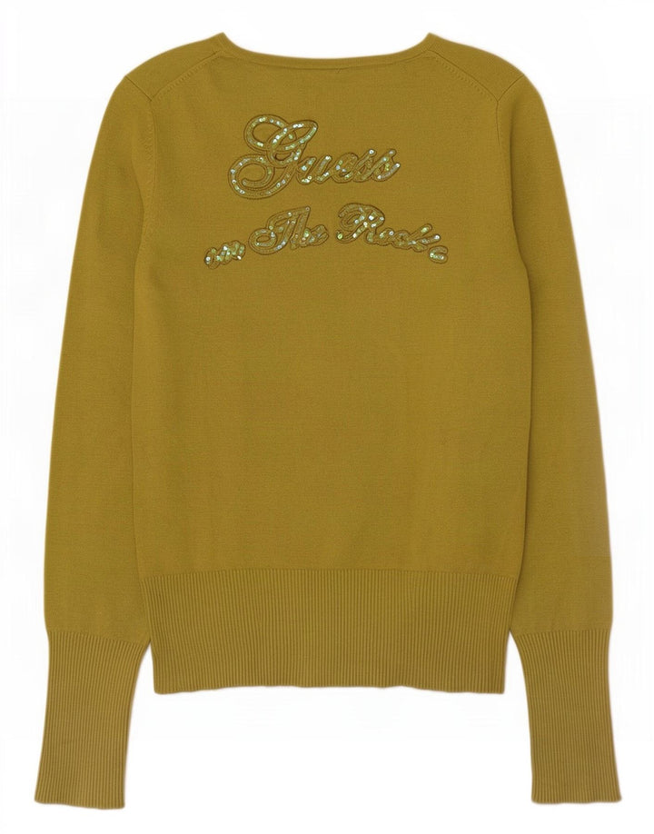 Guess Dame grafisk V-hals sweater UK 16 Medium Green Viscose