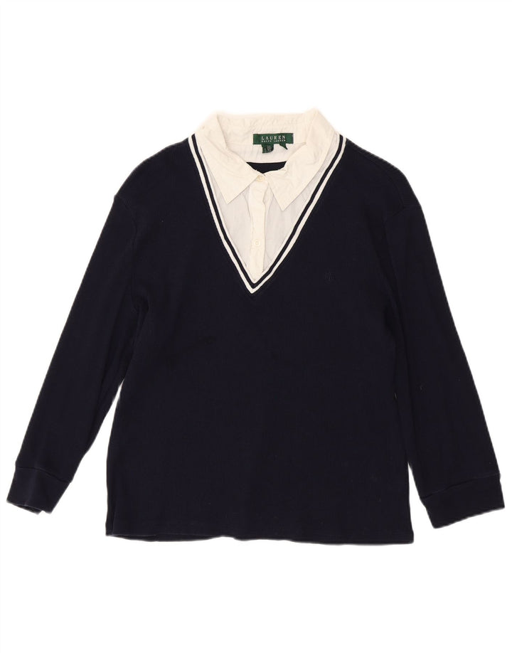 RALPH LAUREN Dame Top 3/4 ærmer UK 18 XL Marineblå Colourblock Bomuld