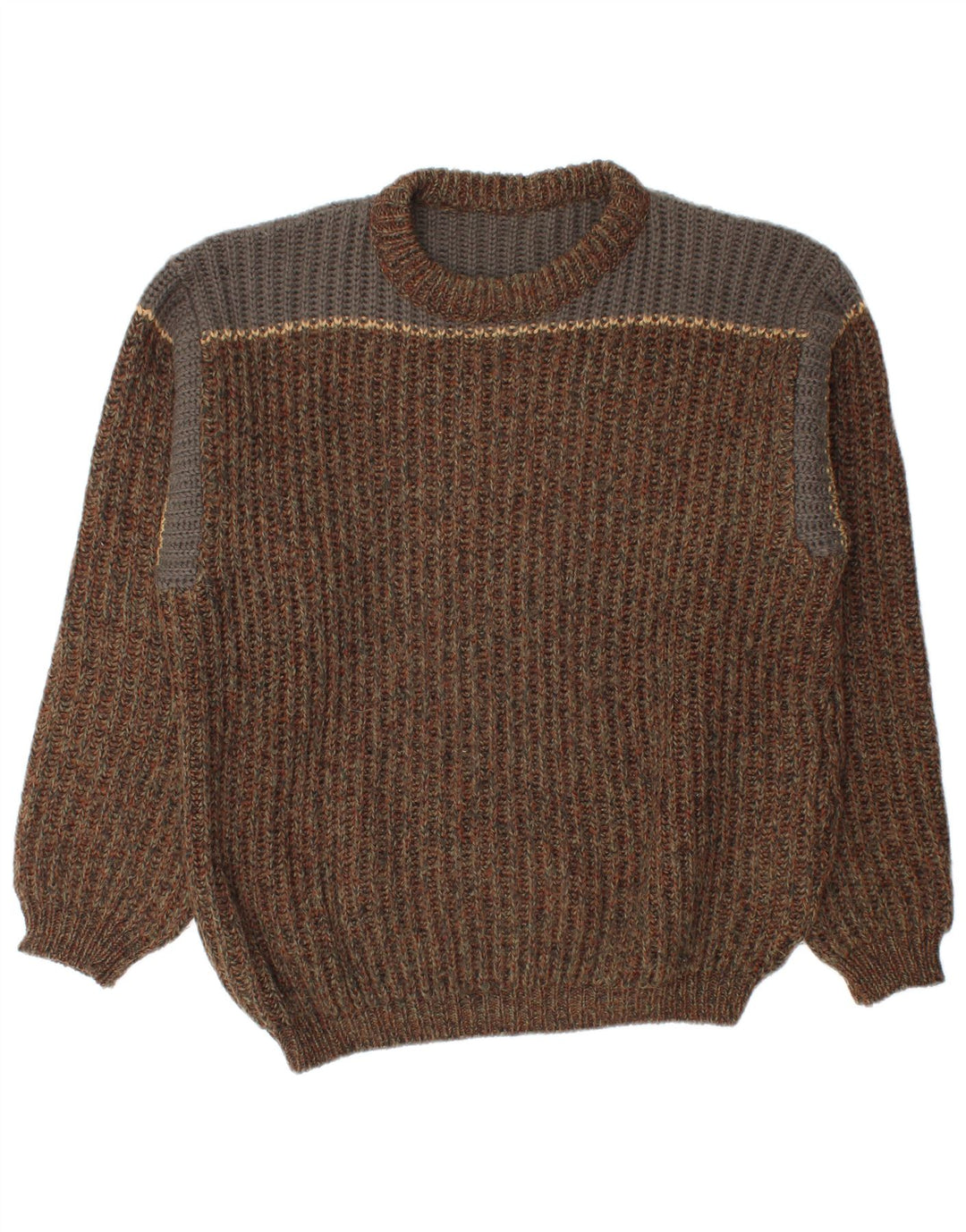 Vintage sweater med rund hals til mænd, medium brun farveblok