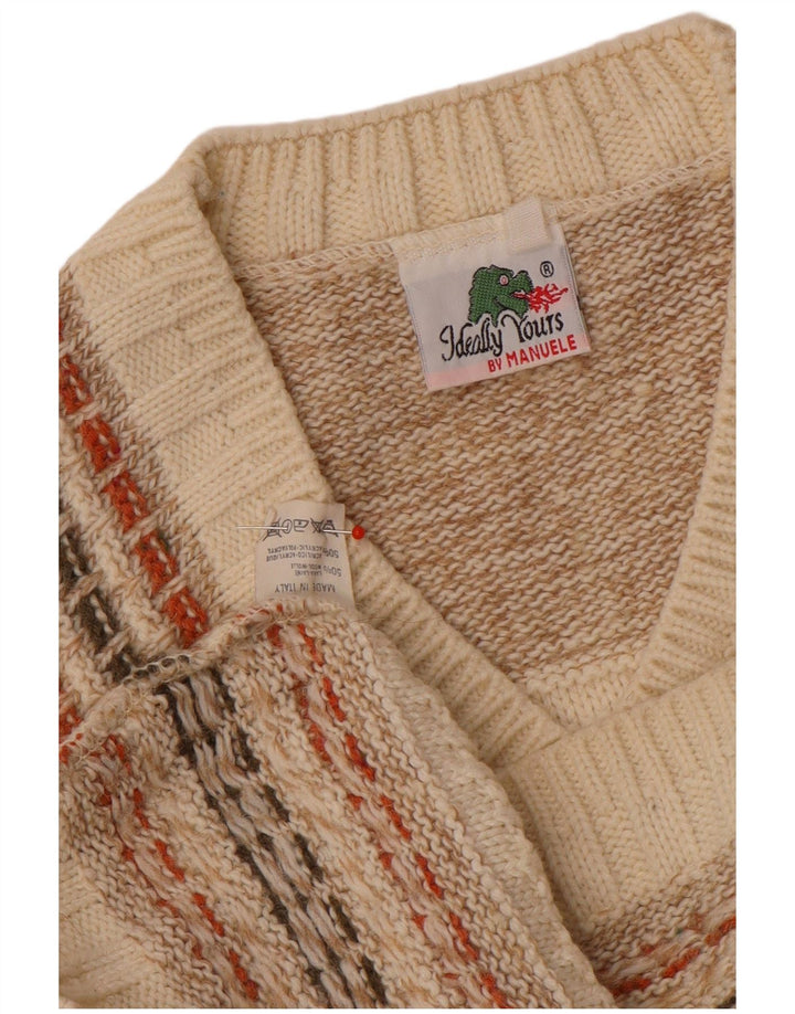 Vintage herre V-hals sweater mellem beige stribet uld