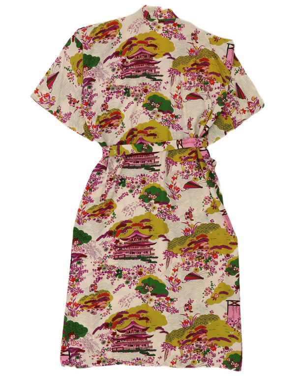 Vintage Kvinders Grafisk Robe Kjole UK 16 Large White Floral