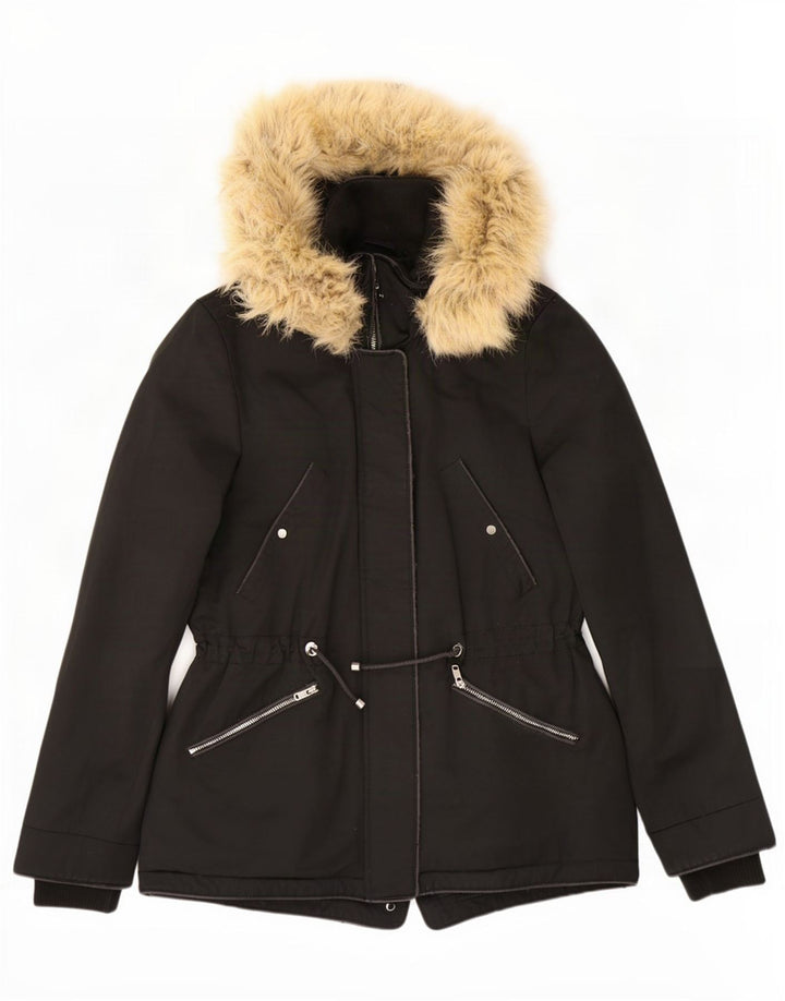 Zara Dame Hooded Parka Jacket UK 6 XS Sort Polyester