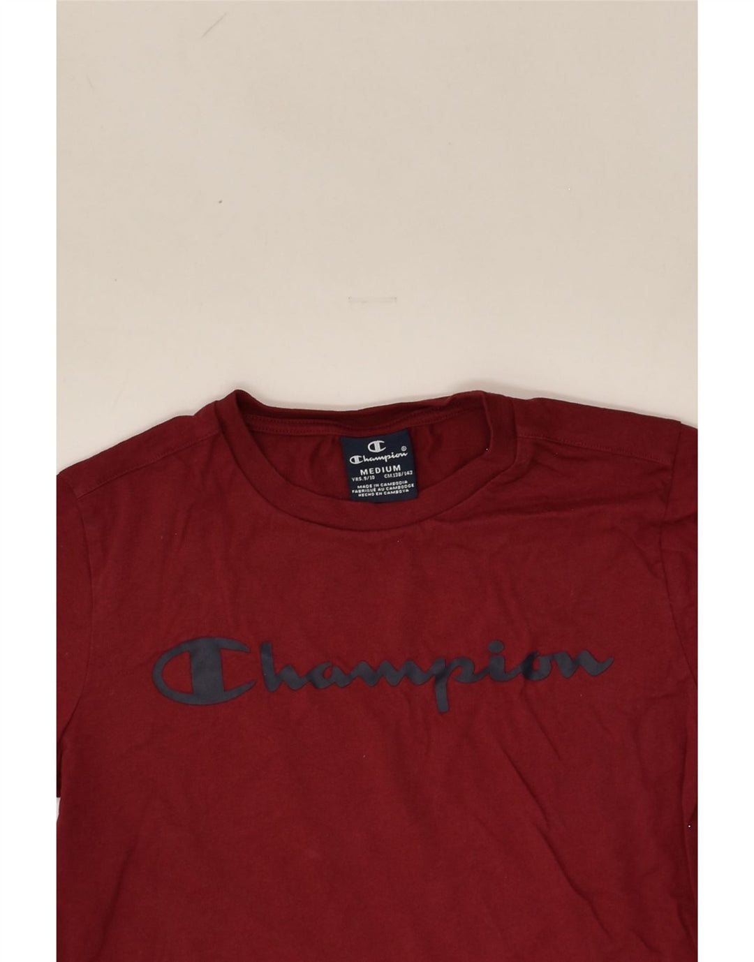 CHAMPION Boys Graphic T-Shirt Top 9-10 Years Medium Burgundy Cotton | Vintage Champion | Thrift | Second-Hand Champion | Used Clothing | Messina Hembry 