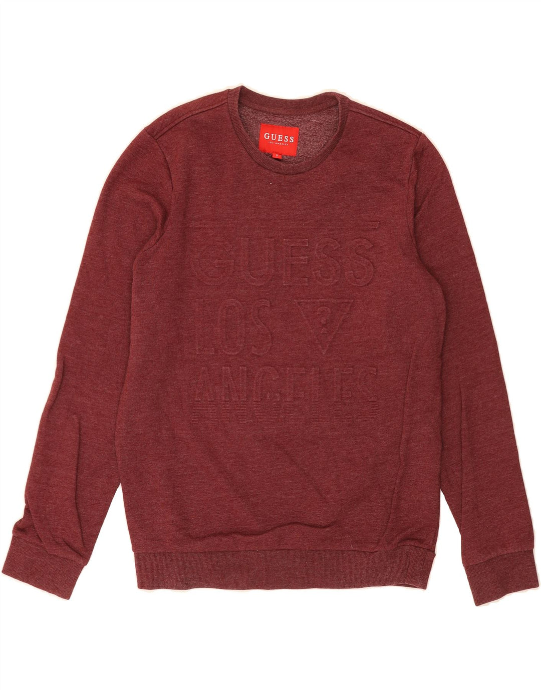GUESS Mens Graphic Sweatshirt Jumper Small Burgundy Cotton Vintage Guess and Second-Hand Guess from Messina Hembry 