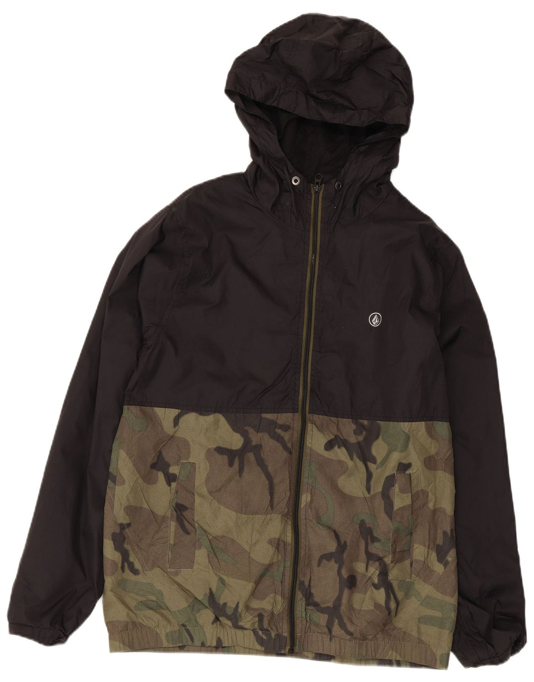 Volcom Regnjakke med hætte til mænd UK 36 Small Black Camouflage Nylon