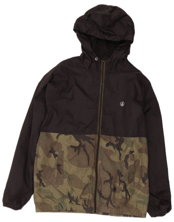 Volcom Mens Hooded Rain Jacket UK 36 Small Black Camouflage Nylon