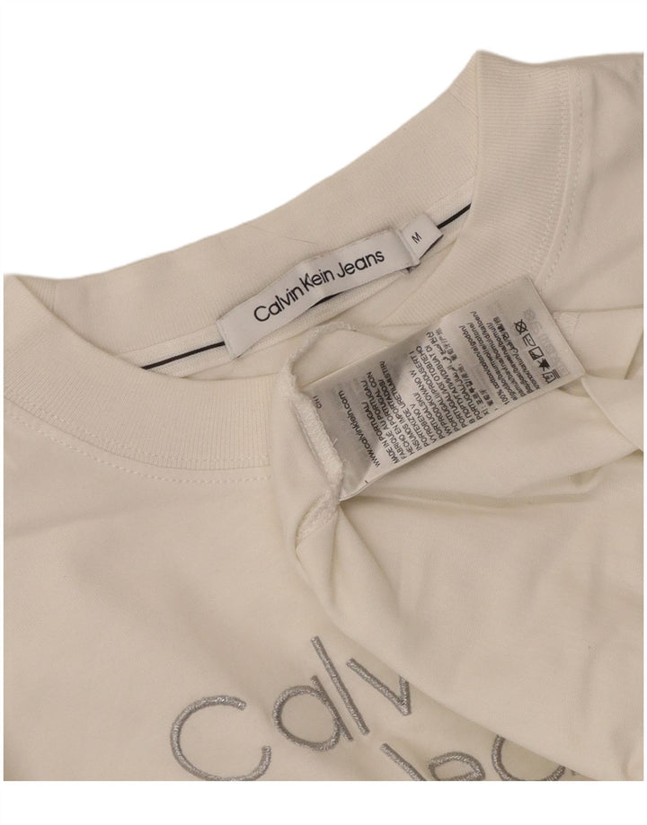 Calvin Klein Jeans Dame Crop Grafisk T-Shirt Top UK 14 Medium White
