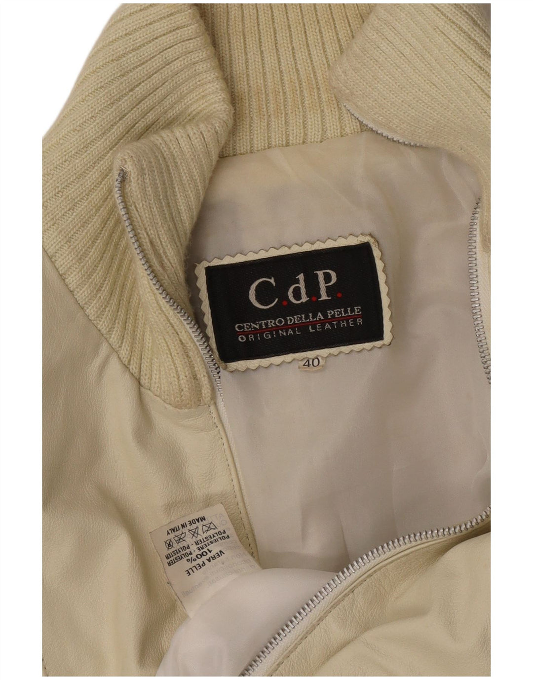 Vintage Dame Crop Læderjakke IT 40 Small Off White Læder