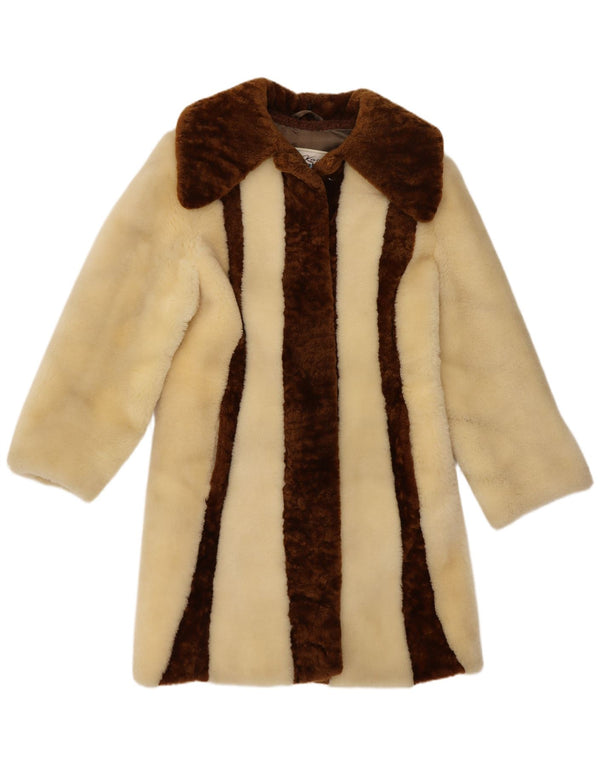 Kara Dame imiteret Pels Overfrakke UK 10 Small Beige Colourblock