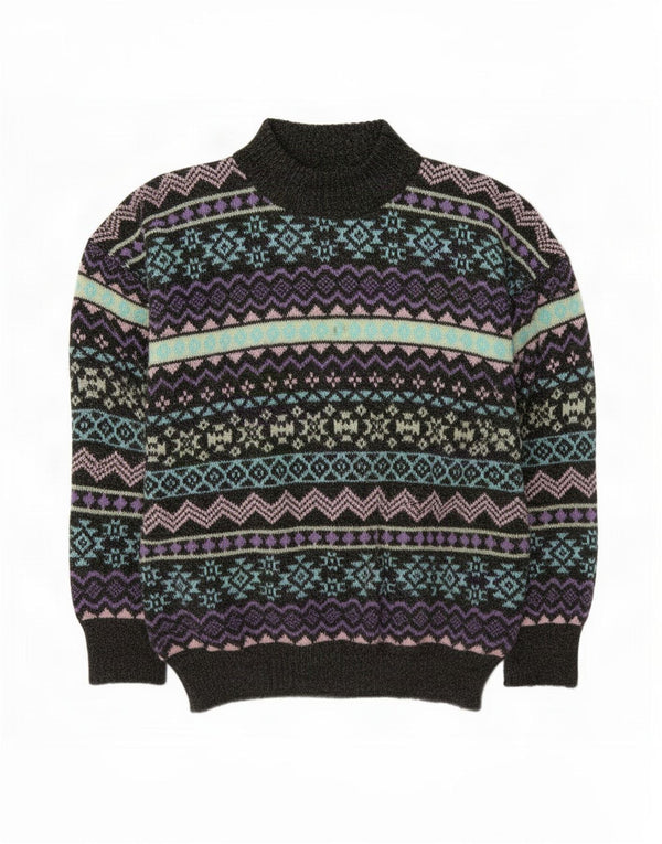 Vintage Dame Turtle Neck Jumper Sweater UK 14 Medium Grey Fair Isle