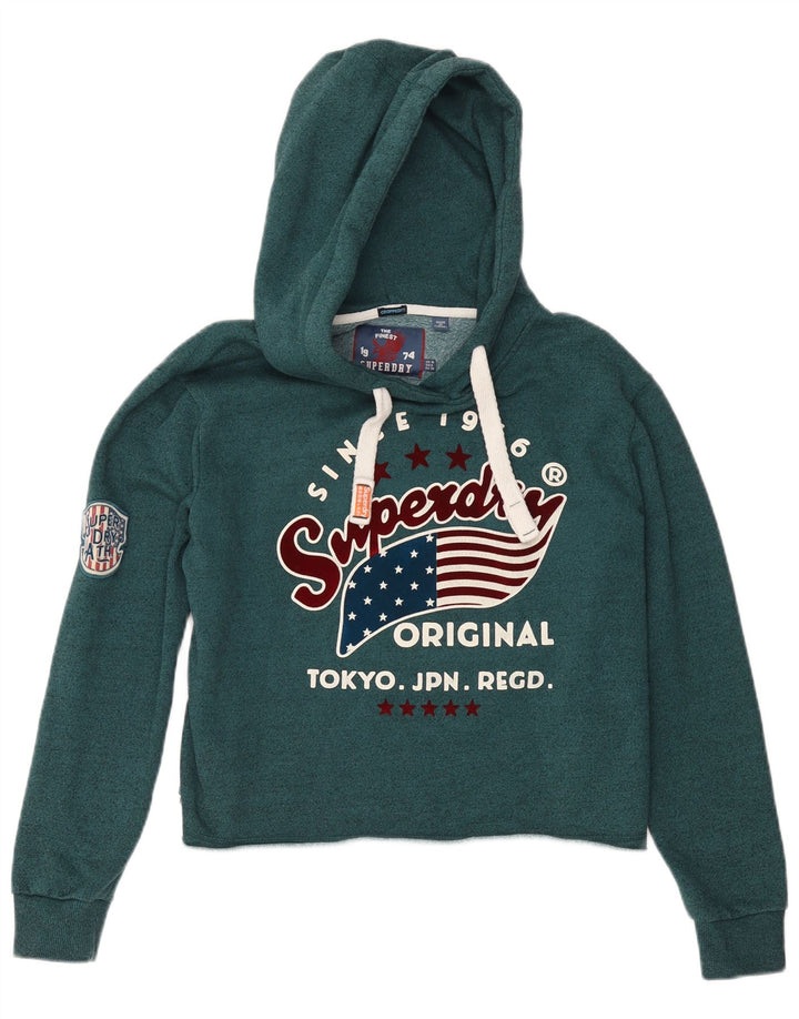 SUPERDRY Dame Oversized Crop Grafisk Hoodie Jumper UK 10 Lille Grøn
