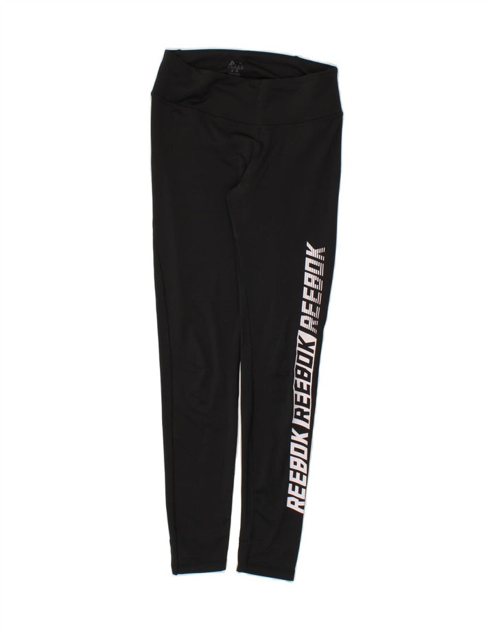 REEBOK Womens Graphic Leggings UK 8/10 Small  Black Polyester Vintage Reebok and Second-Hand Reebok from Messina Hembry 