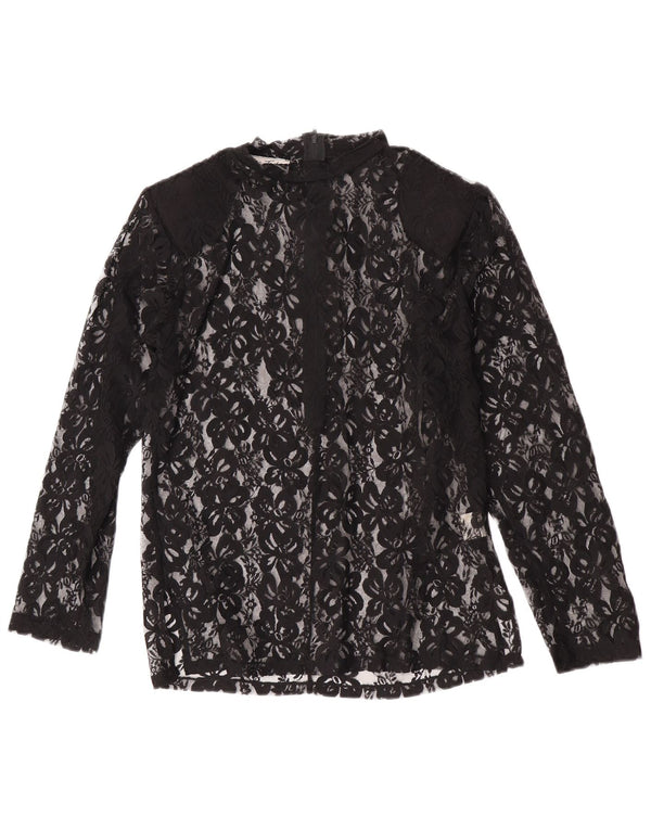 Vintage Dame Langærmet Se Through Bluse Top UK 12 Medium Black Floral