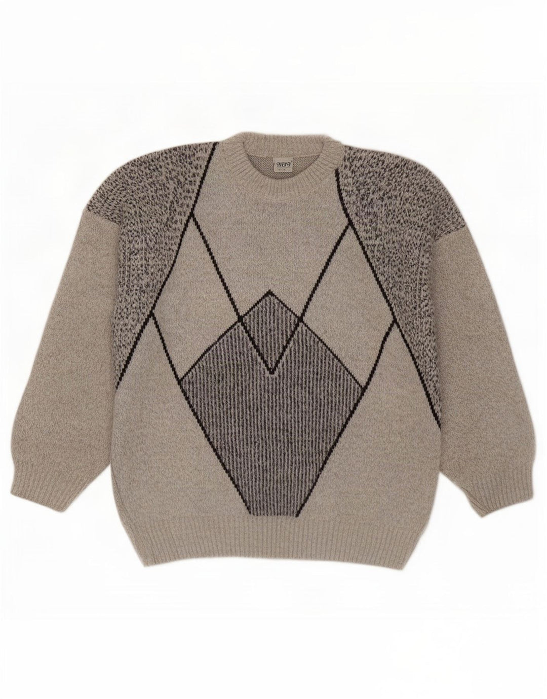 Vintage herre sweater med rund hals, stor grå geometrisk uld