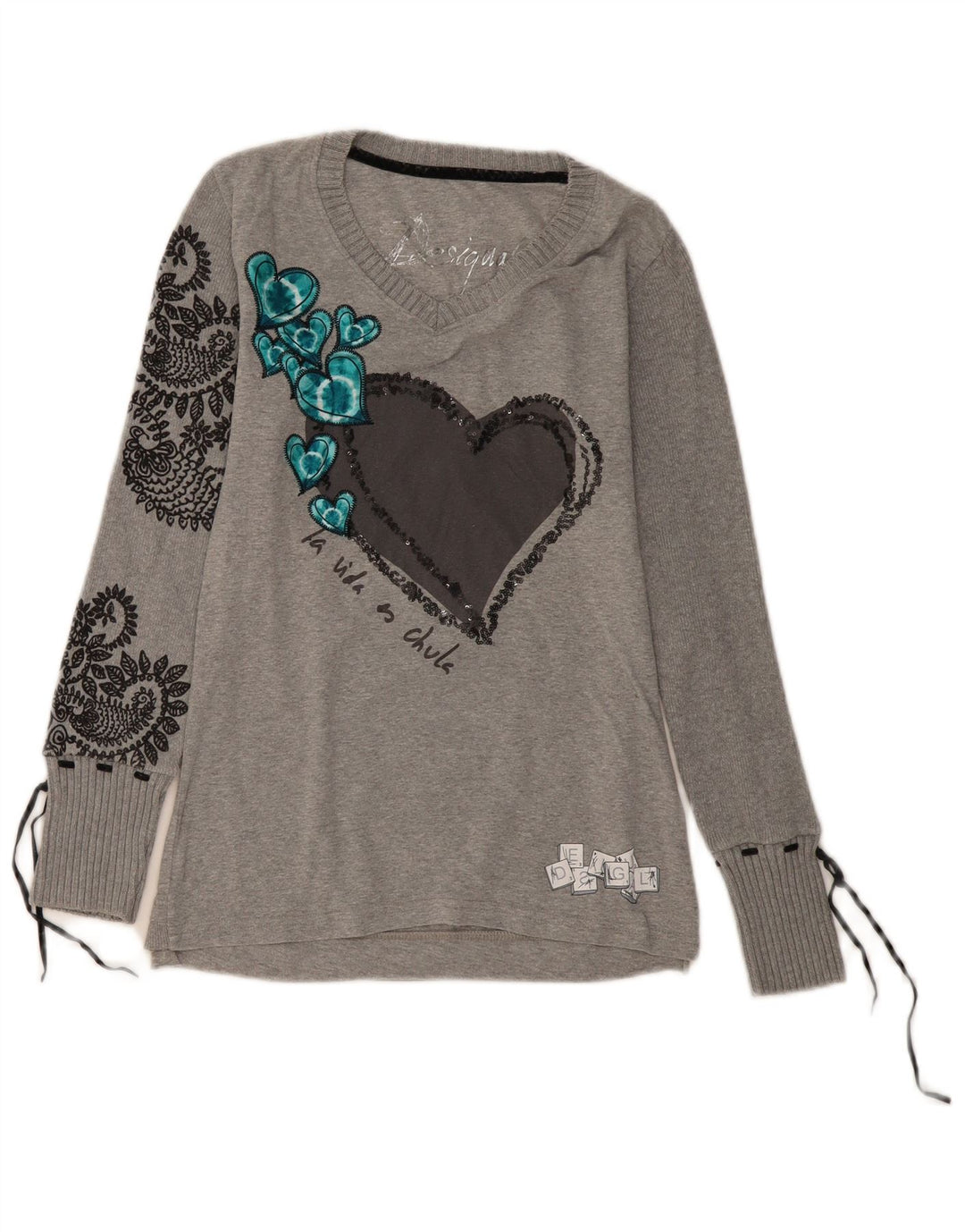 DESIGUAL Dame Grafisk Top Langærmet UK 12 Medium Grey Paisley Heart