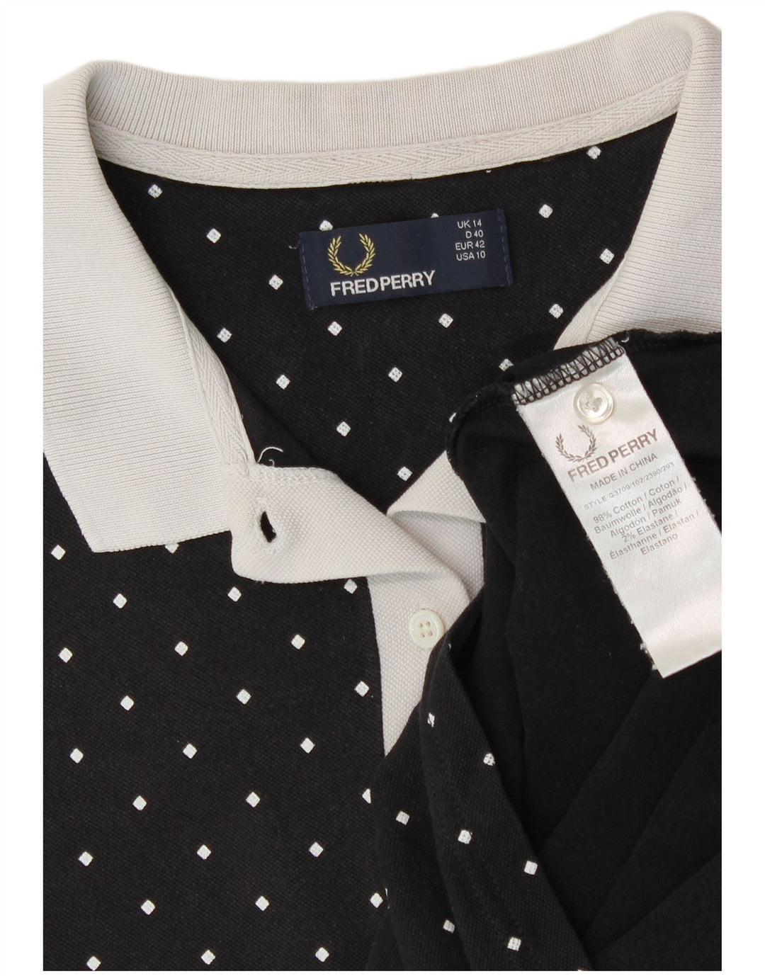 Fred Perry Dame Polo Shirt UK 14 Stor sort plettet bomuld