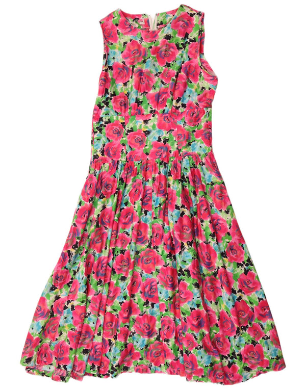 Vintage ærmeløs maxikjole til kvinder UK 14 Medium Pink Floral Bomuld