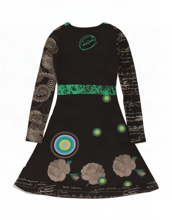 Desigual Kvinders Grafisk Langærmet A-Line Kjole UK 12 Medium Sort Plettet