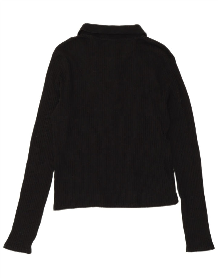 ZARA Dame Crop Langærmet Polo Shirt UK 14 Stor Sort Bomuld