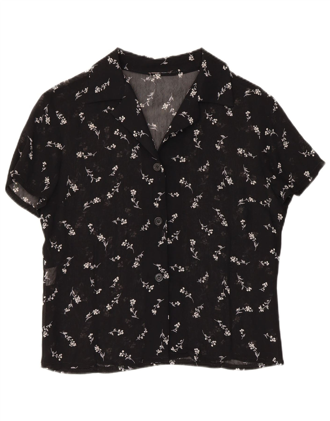 Vintage Dame Gennemsigtig Skjorte Bluse UK 12 Medium Black Floral