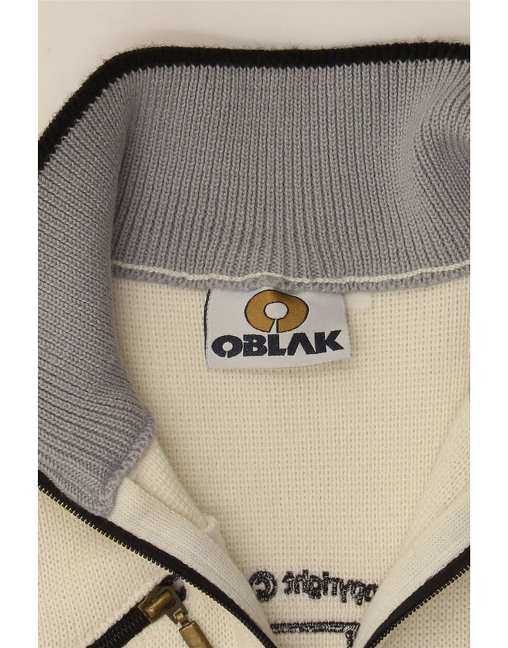 Vintage kvinders grafisk cardigan sweater UK 10 Small Off White