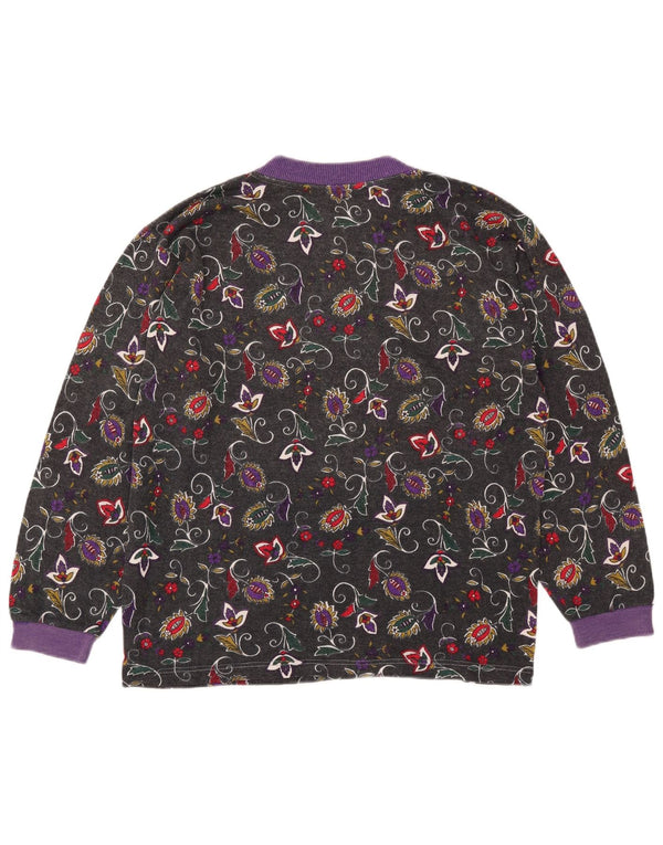 Vintage Womens Button Neck Jumper Sweater UK 16 Large Grey Floral Angora