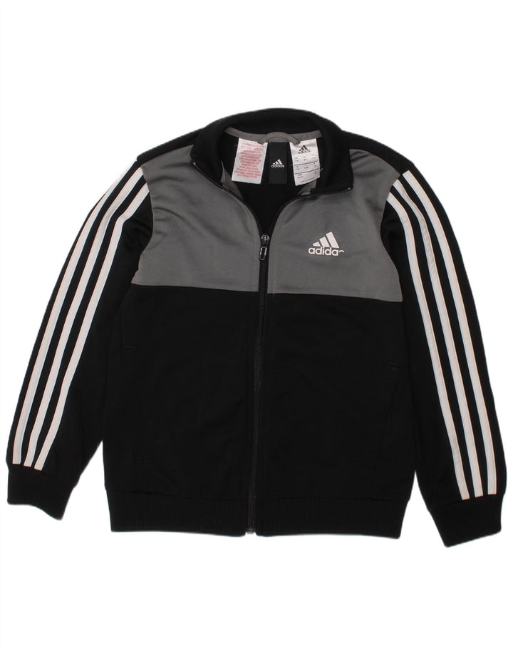 ADIDAS Boys Tracksuit Top Jacket 7-8 Years Black Colourblock Polyester