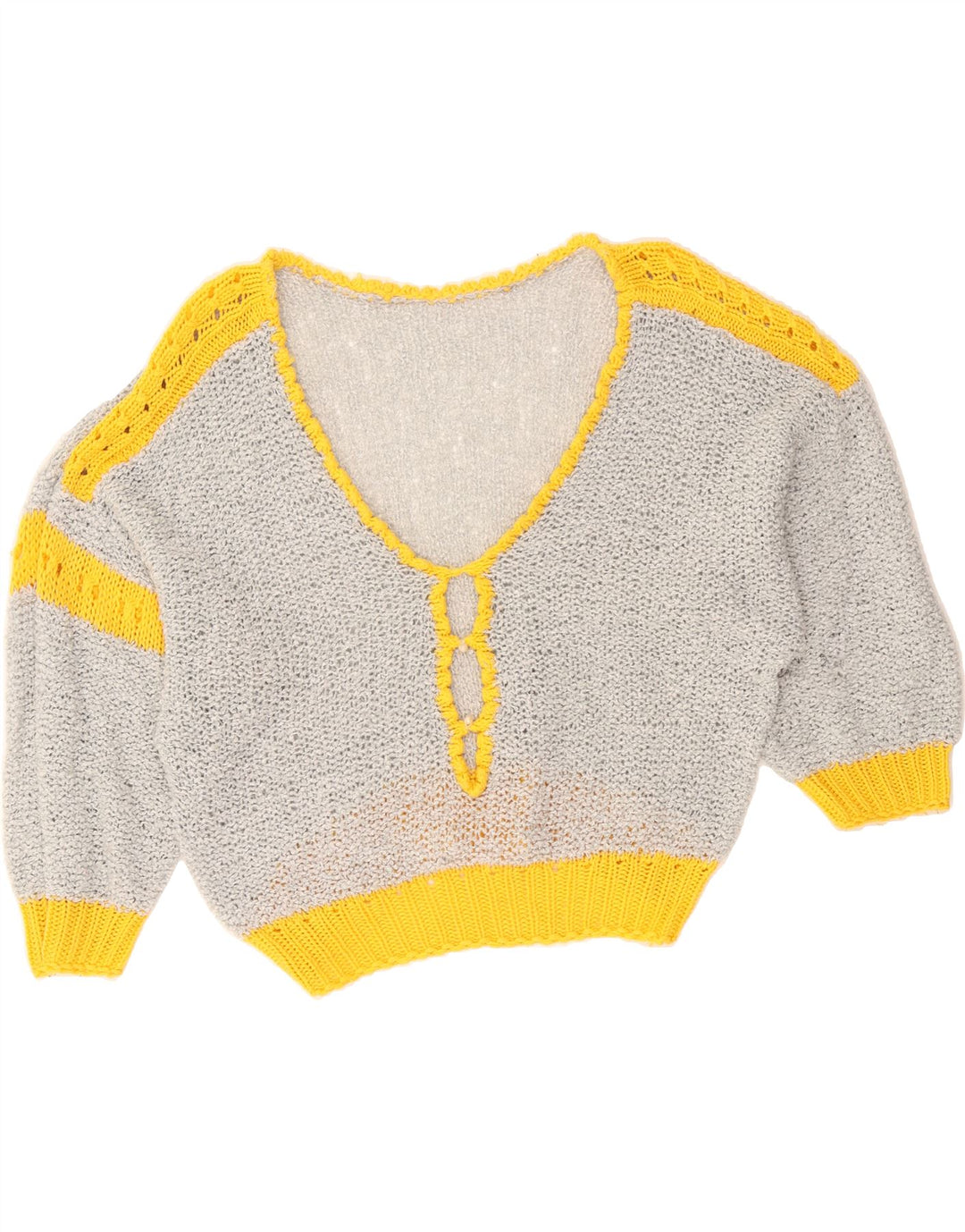 VINTAGE Womens Batwing V-Neck Jumper Sweater UK 12 Medium Grey Colourblock Vintage Vintage and Second-Hand Vintage from Messina Hembry 
