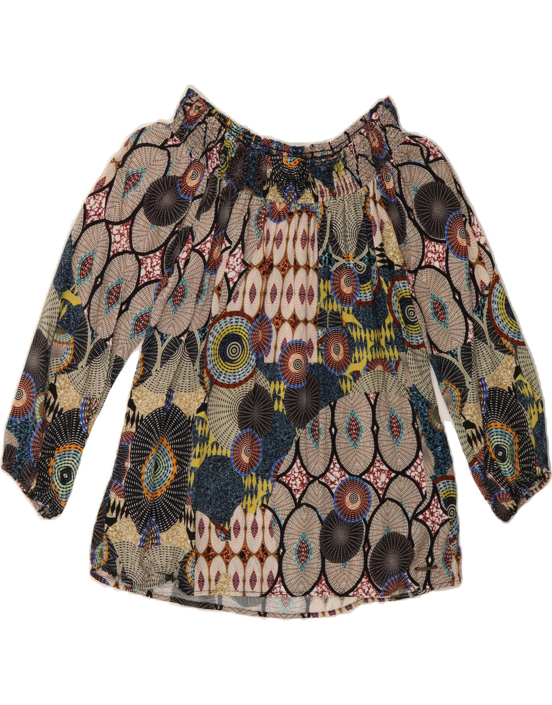 DESIGUAL Womens Abstract Pattern Blouse Top UK 6 XS Beige Geometric Vintage Desigual and Second-Hand Desigual from Messina Hembry 