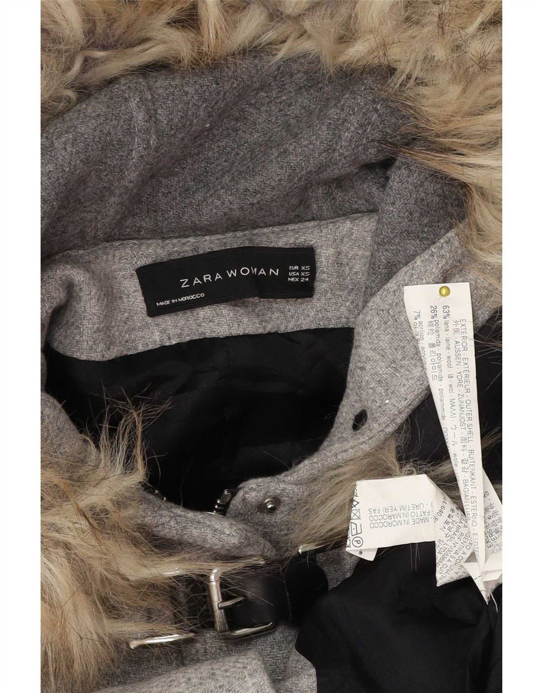 Zara Dame Hætte Oversized Duffle Jacket UK 6 XS Grå Uld