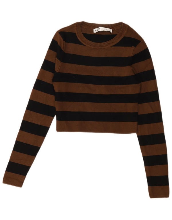 Zara Womens Crop Crew Neck Jumper Sweater UK 8 Small Brown Stribet