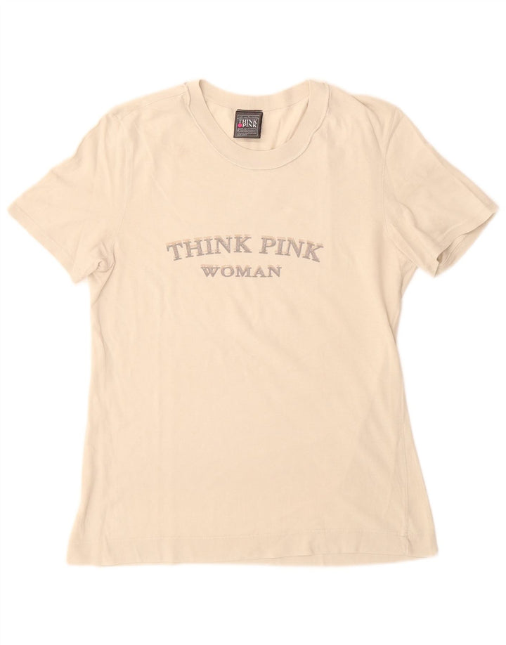 Think Pink Dame Grafisk T-Shirt Top UK 12 Medium Off White Bomuld