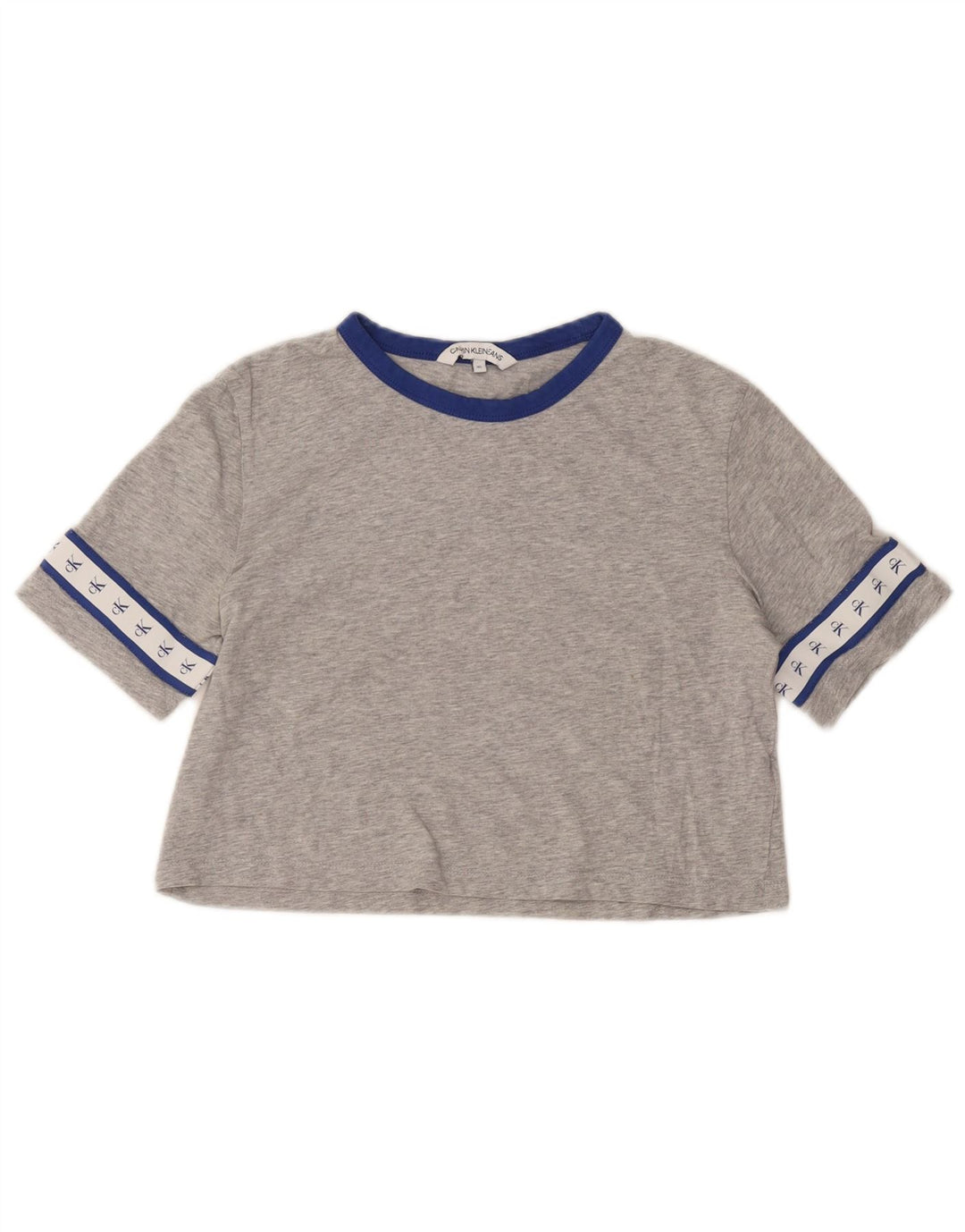 CALVIN KLEIN Dame Crop Grafisk T-Shirt Top UK 6 XS Grå Bomuld