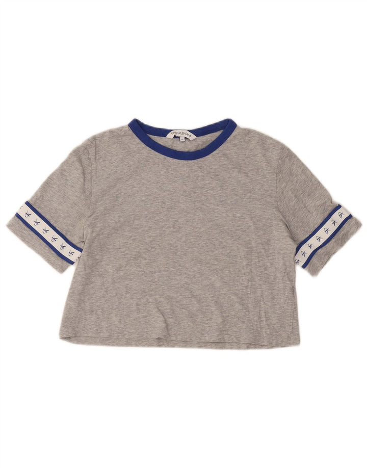 CALVIN KLEIN Dame Crop Grafisk T-Shirt Top UK 6 XS Grå Bomuld