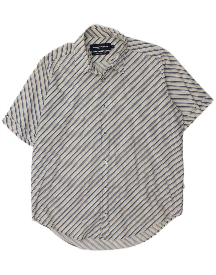 TOM TAILOR Mens Short Sleeve Shirt XL White Striped Cotton