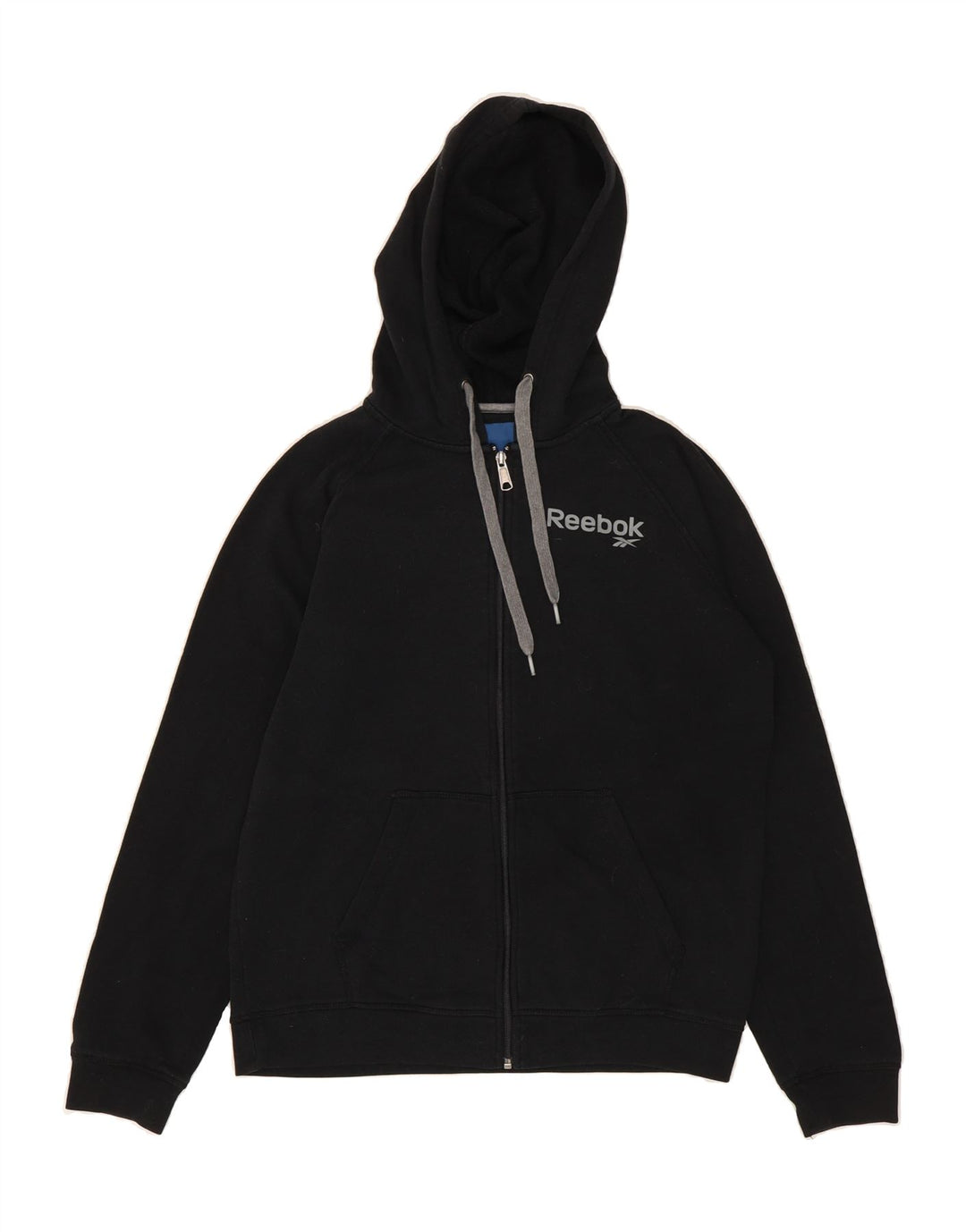 REEBOK Mens Graphic Zip Hoodie Sweater Small Black Polyester Vintage Reebok and Second-Hand Reebok from Messina Hembry 
