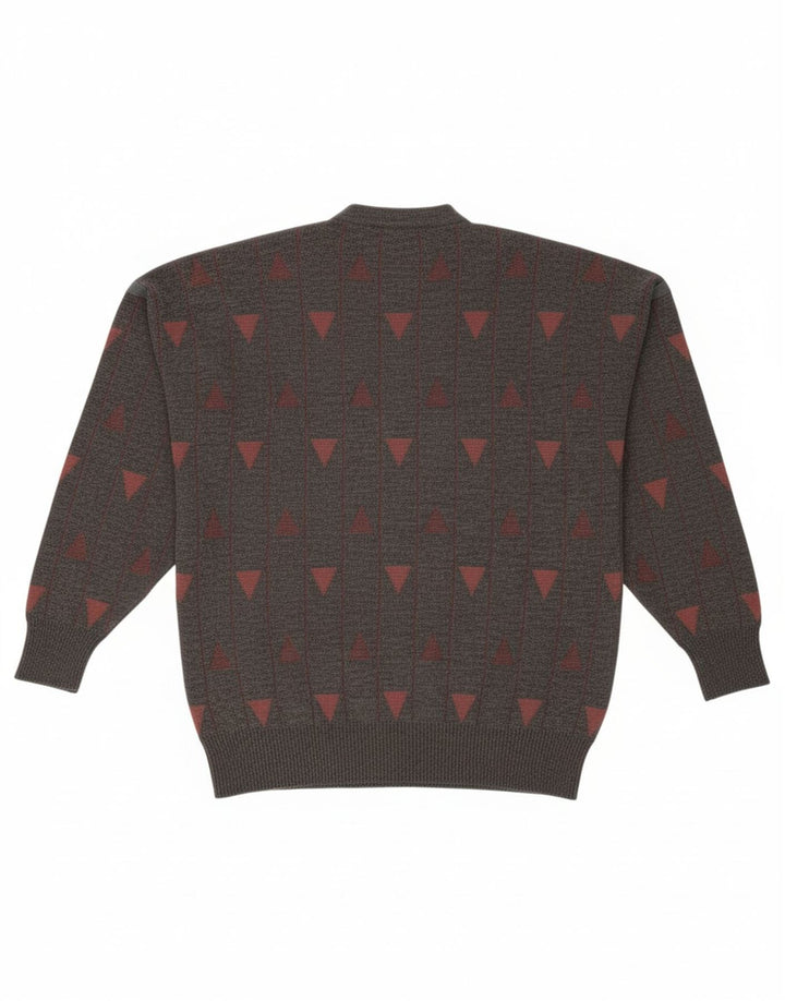 PIERRE SANGAN Mens V-Neck Jumper Sweater Large Grey Geometric Acrylic