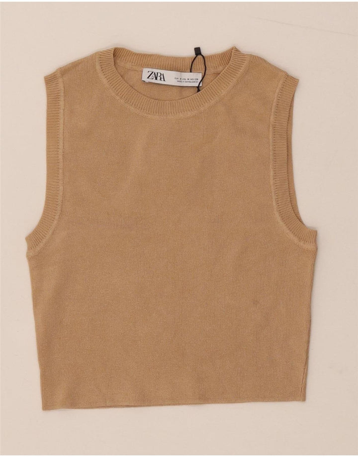 Zara Dame Crop Vest Tank Top UK 12 Medium Beige Viscose