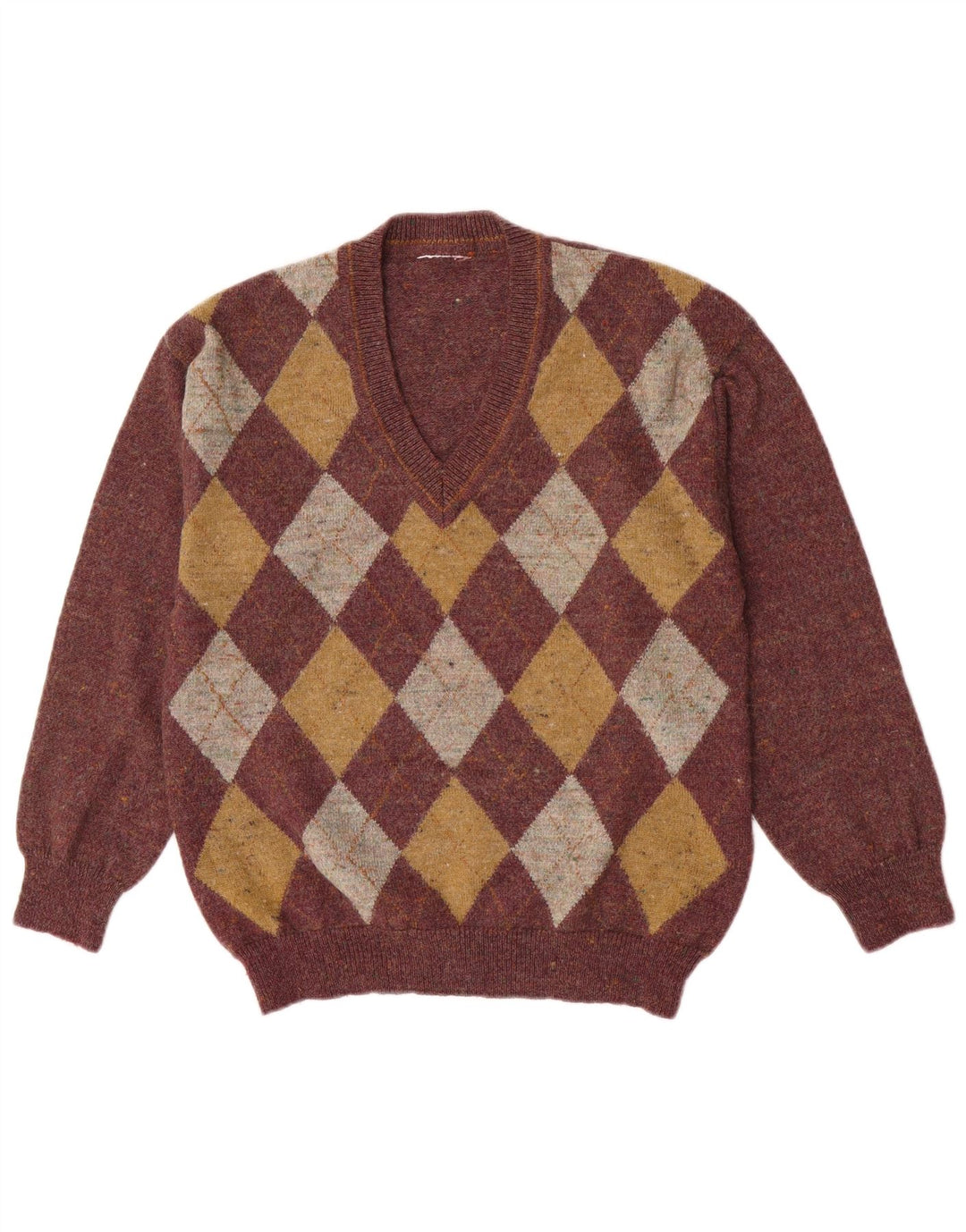 Vintage Herre V-hals sweater Medium Burgundy Argyle/Diamond