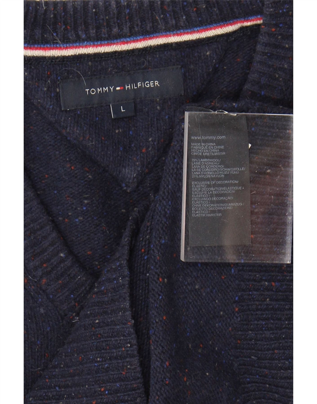 TOMMY HILFIGER Mens V-Neck Jumper Sweater Large Navy Blue Lambswool