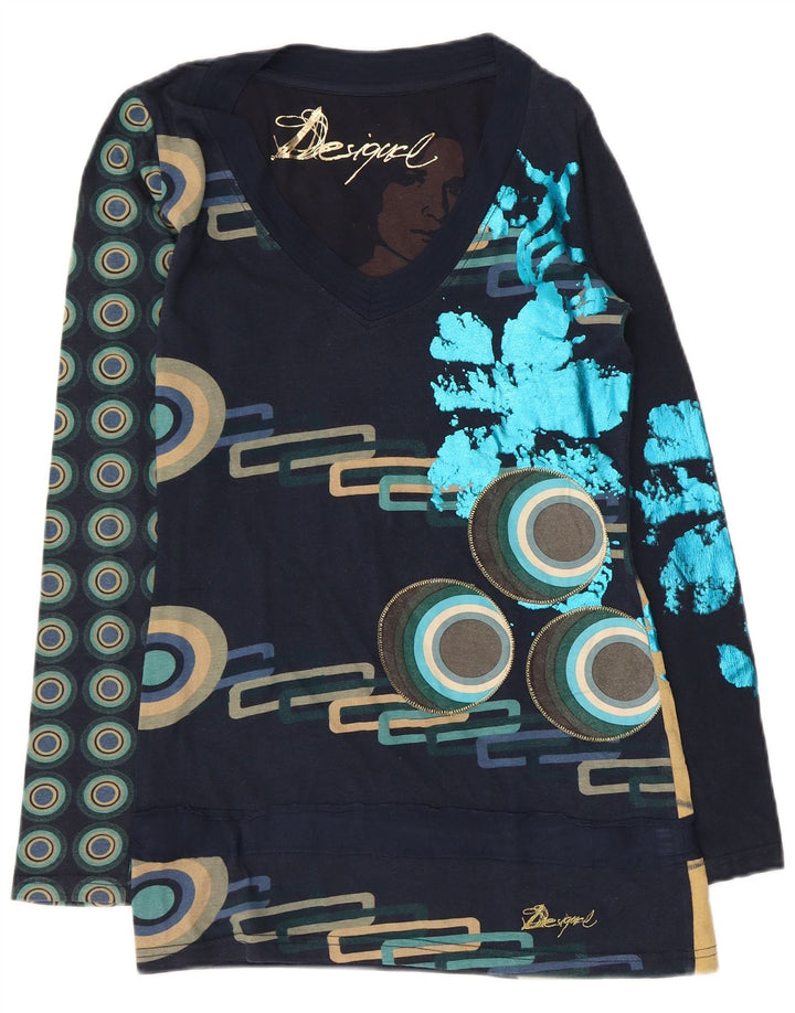 Desigual Dame Grafisk Top Langærmet UK 10 Small Navy Blue