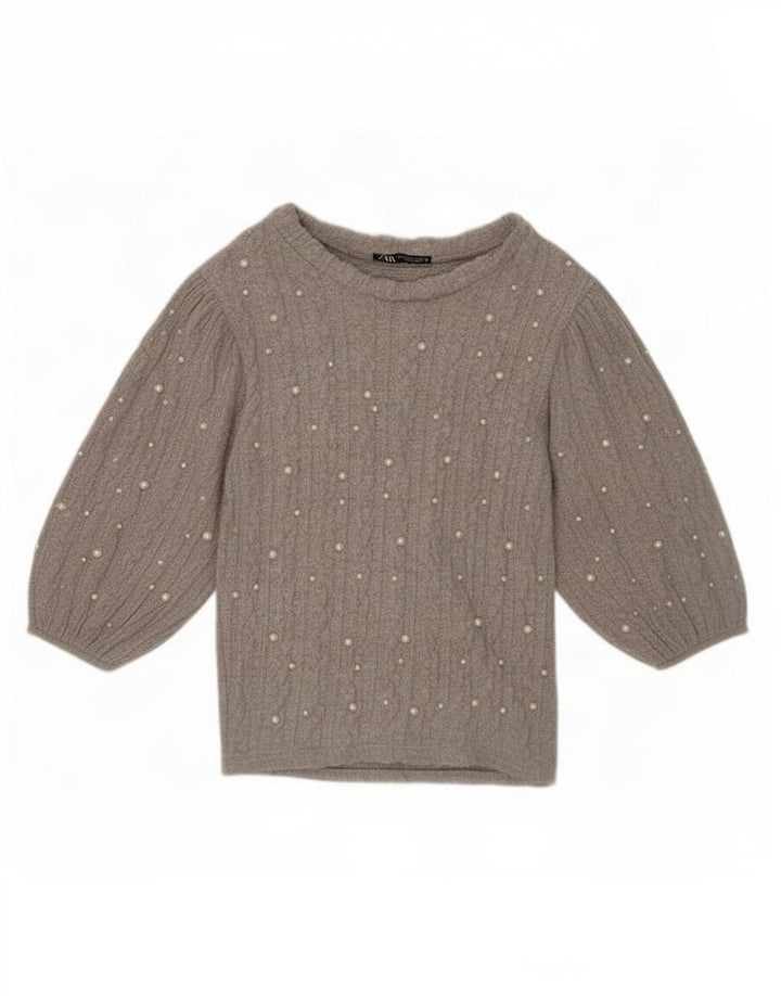 Zara strikket bluse top UK 12 Medium Grey Flecked Polyester