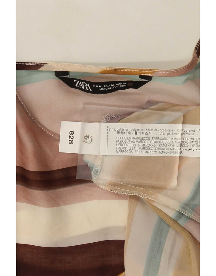 Zara Dame Langærmet Bluse Top UK 12 Medium Flerfarvet Stribet