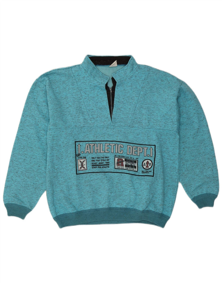 Vintage herre grafisk lynlås-hals sweatshirt jumper stor blå flækket
