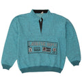Vintage herre grafisk lynlås-hals sweatshirt jumper stor blå flækket