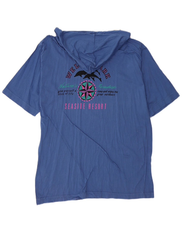 Vintage Dame Hooded Grafisk T-Shirt Top UK 16 Large Blue