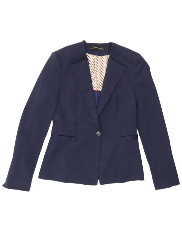Zara Womens 1 Button Blazer Jacket UK 12 Medium Navy Blue Cotton