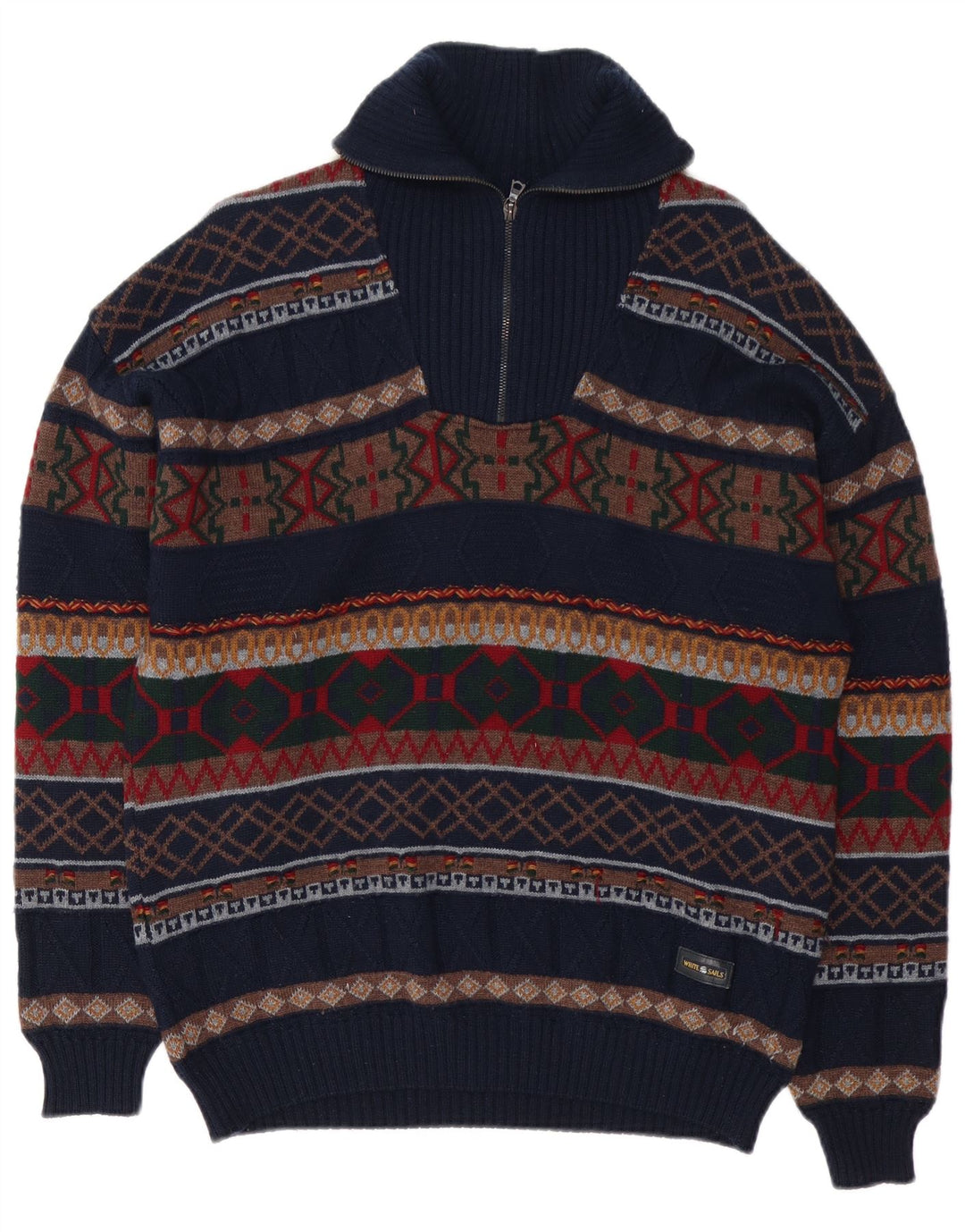 Hvide Sejl Herre Zip Neck Jumper Sweater Large Navy Blue Fair Isle Wool