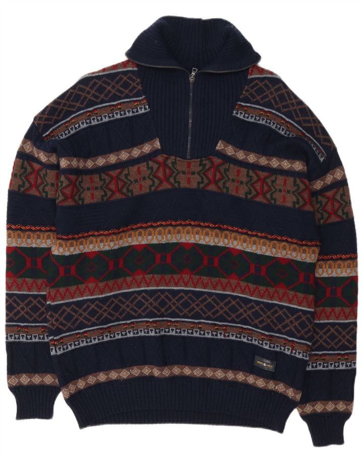 Hvide Sejl Herre Zip Neck Jumper Sweater Large Navy Blue Fair Isle Wool
